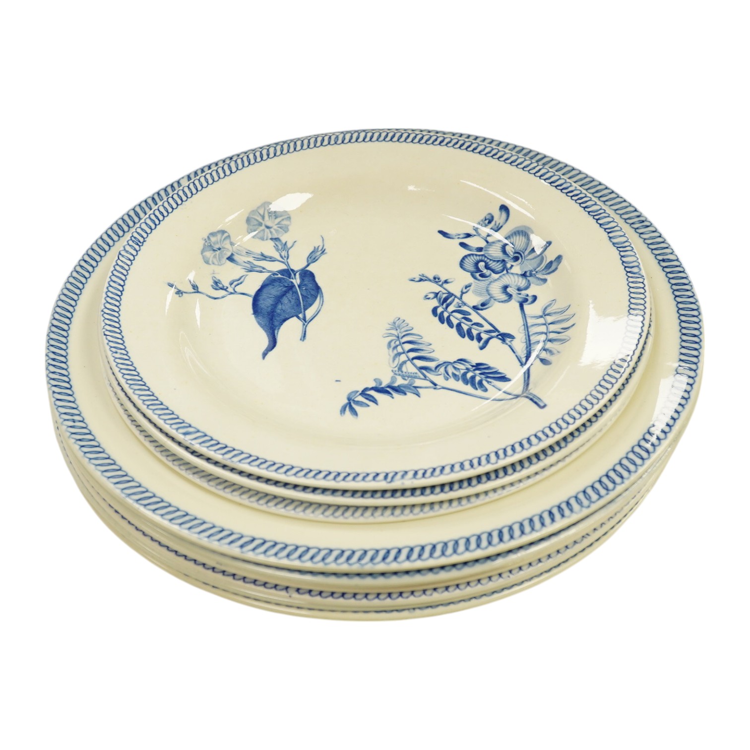 Ten 19th century Wedgwood blue and white ‘’botanical’’ decorated dishes, largest 25cm in diameter. Condition - fair